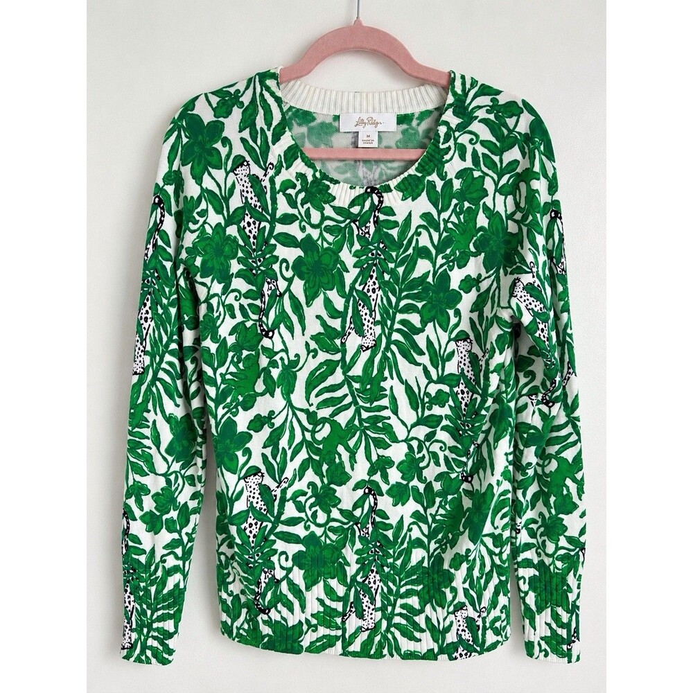 Lilly Pulitzer Women’s S Green White Jungle Cheetah Floral Print Sweater